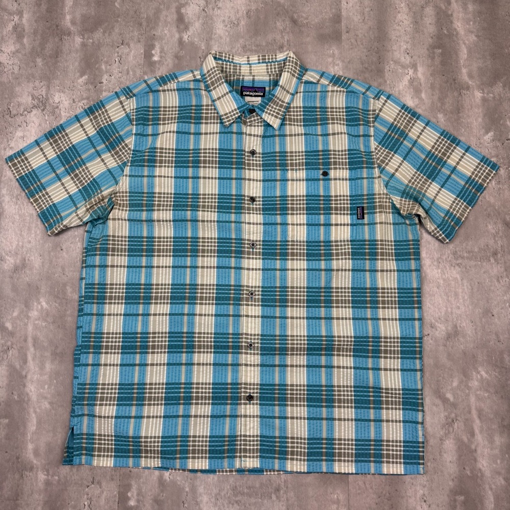 Patagonia Button Up Shirt Mens XL Puckerware Seersucker Plaid Check Short Sleeve